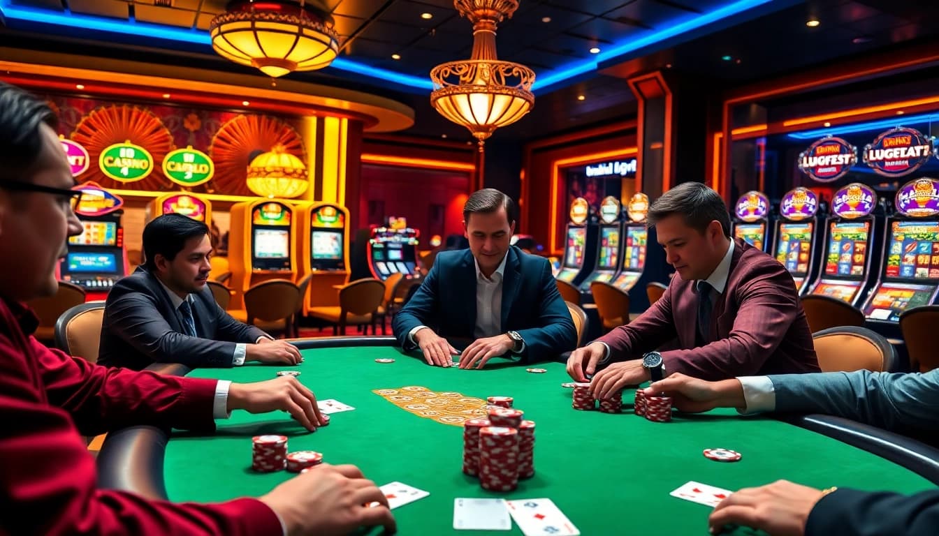 Professional players mastering tỷ lệ nhà cái at a glamorous casino poker table.