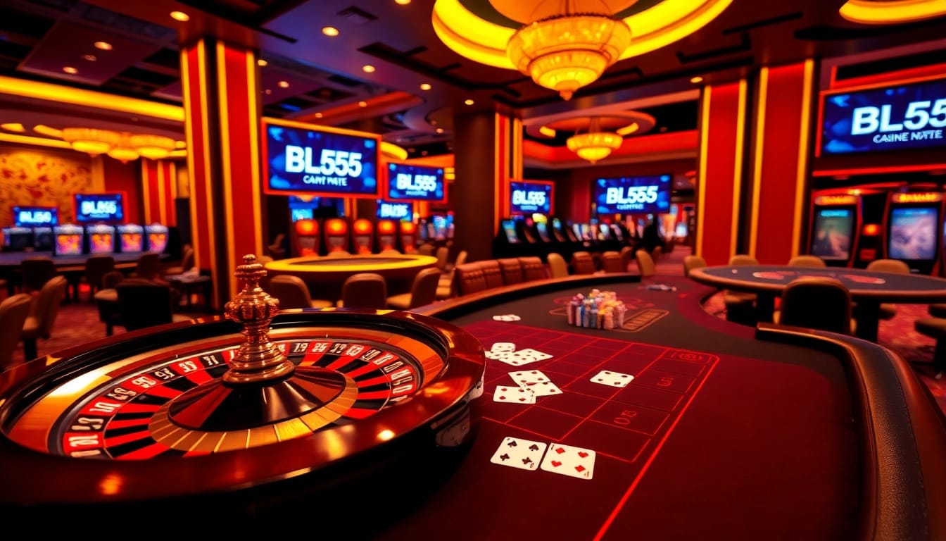 Exciting casino scene highlighting BL555 with roulette and poker elements in a luxurious setting.
