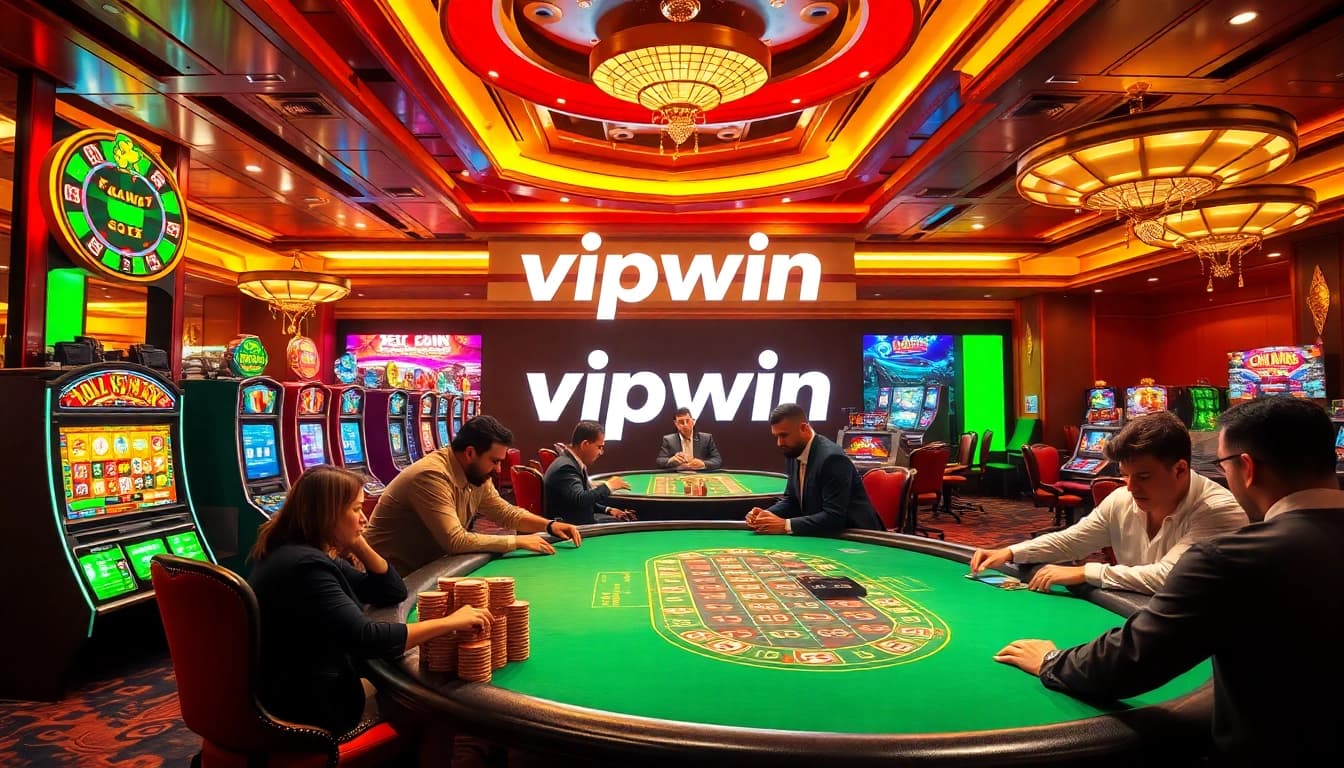 Intense gaming action at vipwin poker table with colorful chips and slot machines.