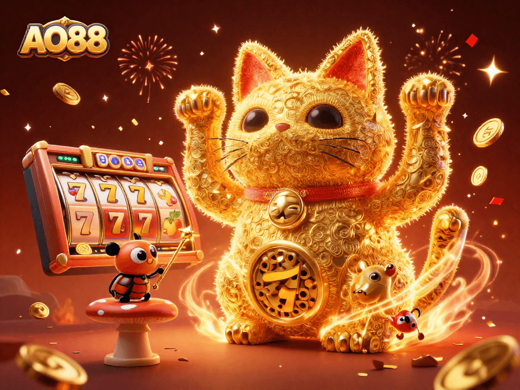Experience exciting gameplay at AO88 with a dynamic lucky cat bursting with casino symbols.