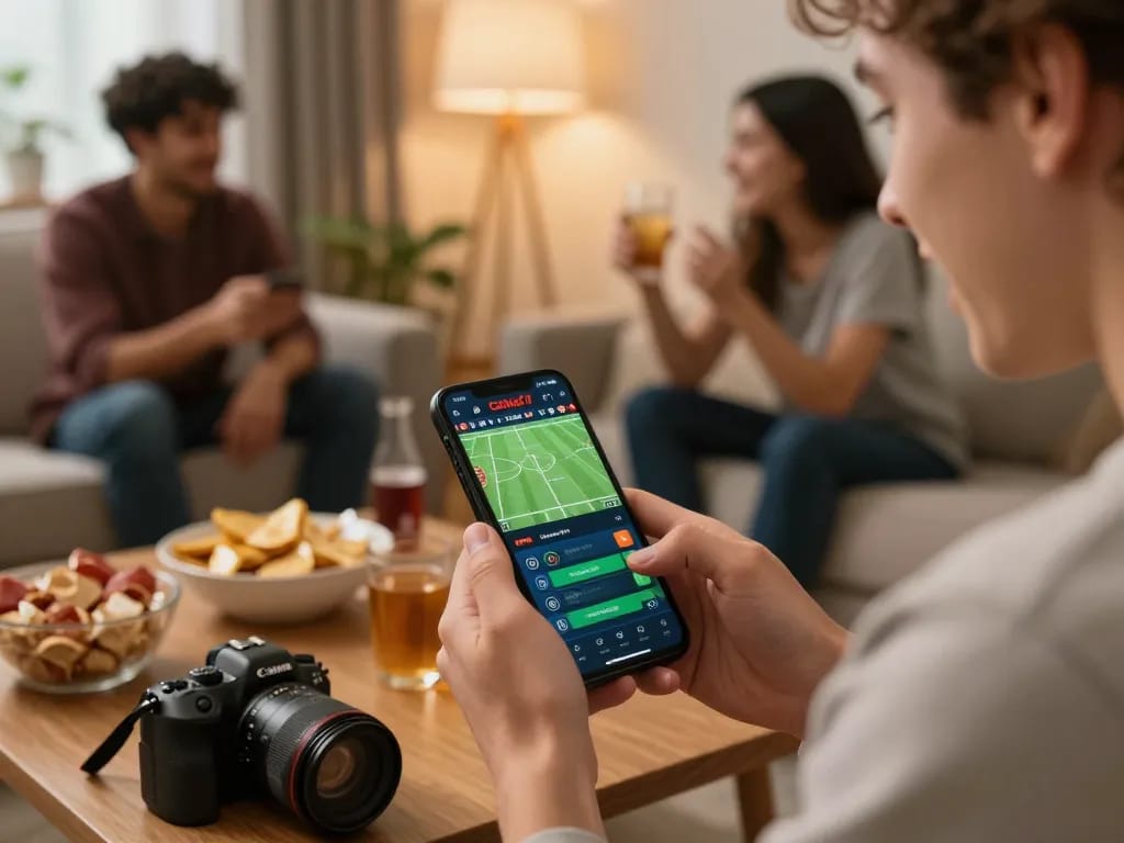 CakhiaTV user engaging in mobile sports betting, enjoying a social atmosphere with friends.