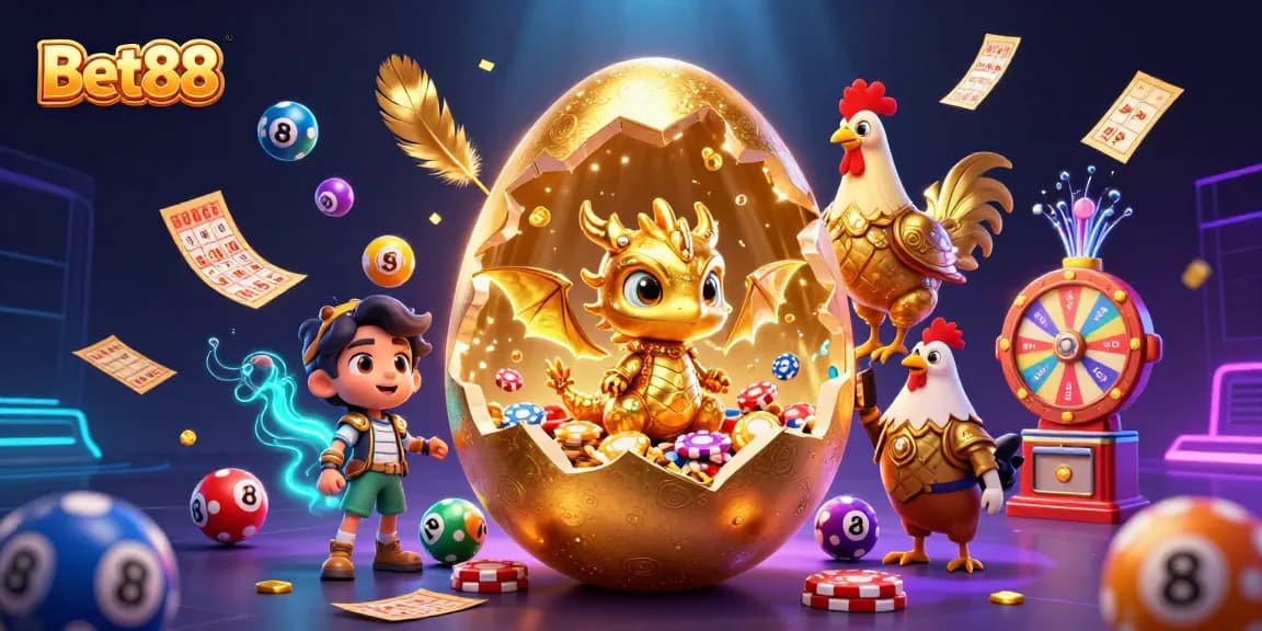 Experience excitement at Bet88 with vibrant gaming elements and a golden dragon emblem.