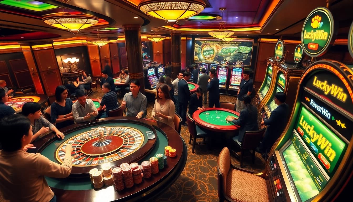 Players enjoying an exciting game at LuckyWin casino, featuring roulette, poker, and vibrant slot machines.