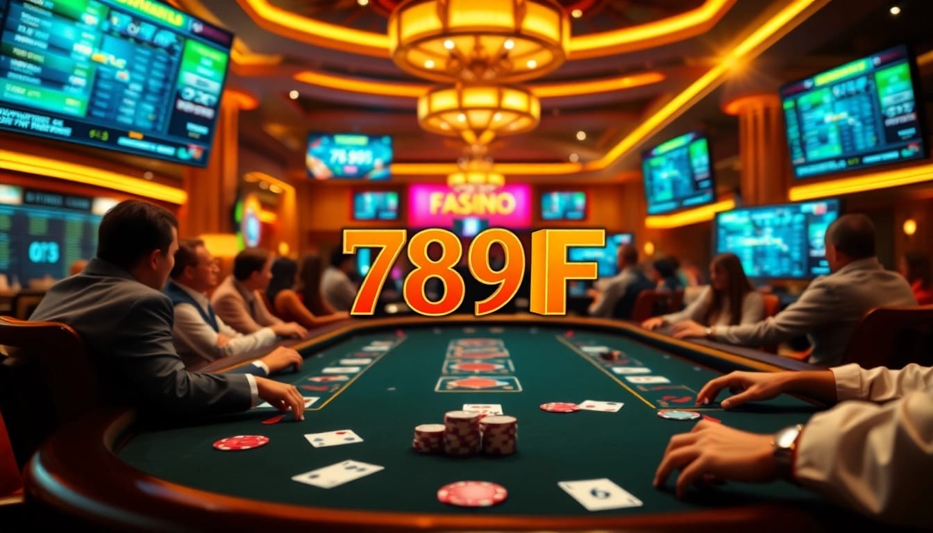 Engaging players at the 789F casino table with vibrant cards, chips, and betting excitement.