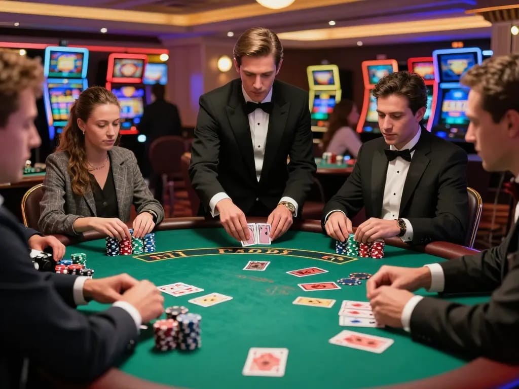 DOLA789 blackjack players strategically making bets at a vibrant casino table with a professional dealer.