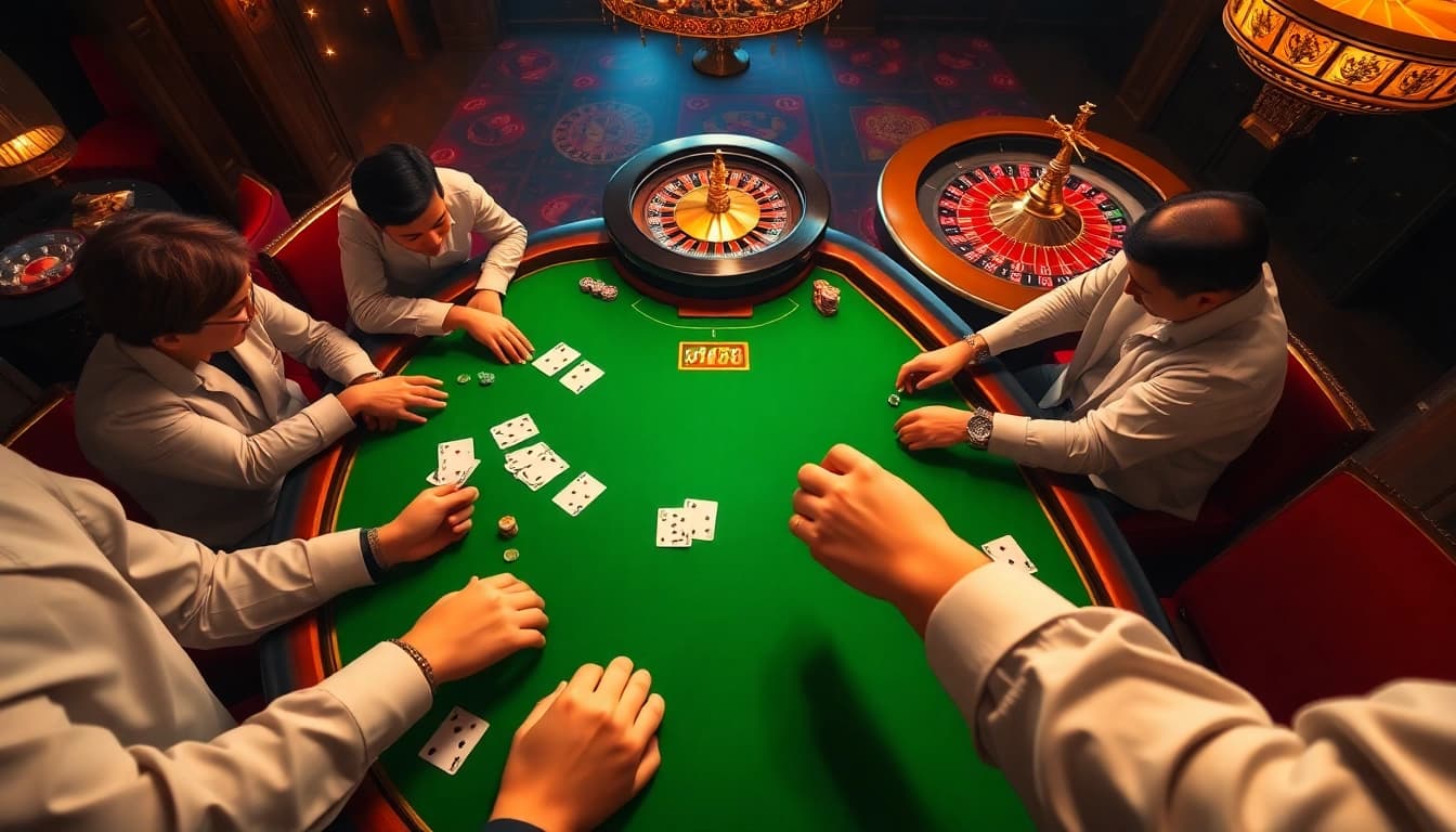 Players enjoying high-stakes poker at Vin88 casino, with vibrant chips and cards.