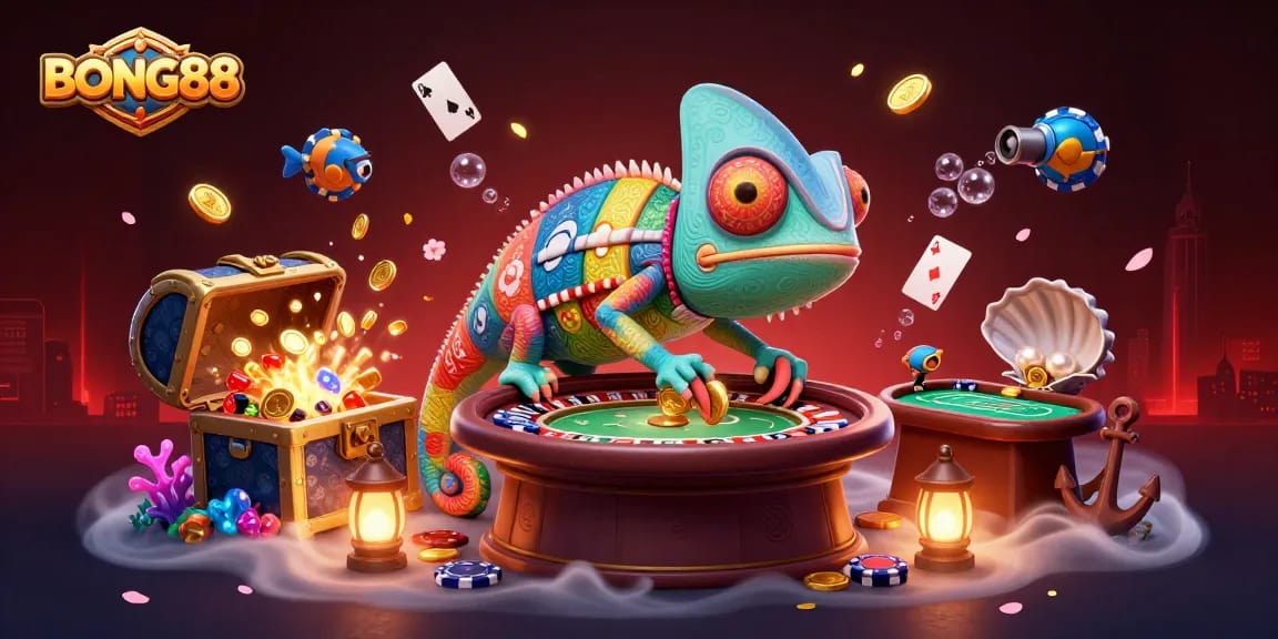 Engage with BONG88's vibrant casino scene featuring a chameleon owner capturing golden coins amidst lively game elements.