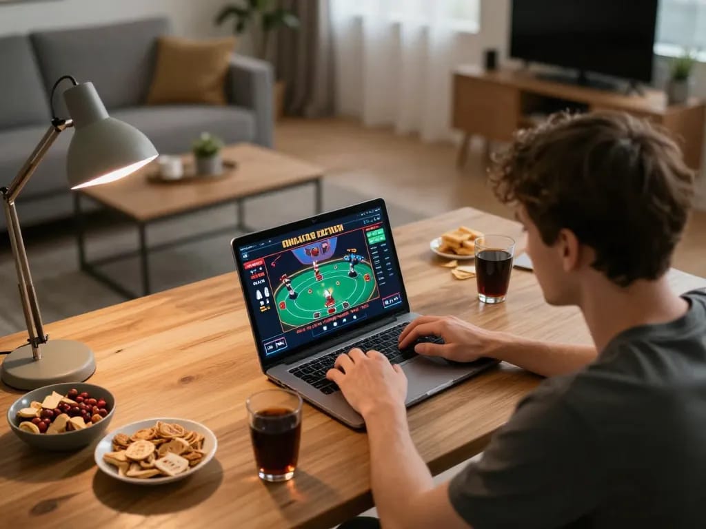 Join the excitement of daftar sungaitoto with strategic poker play at home, showcasing a modern gaming setup.