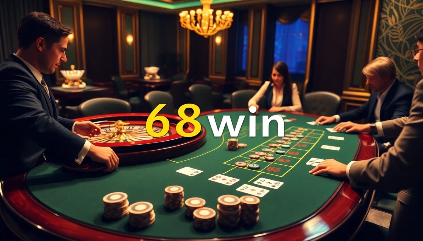 Engaged players at a luxurious poker table showcasing 68win's thrilling casino experience.