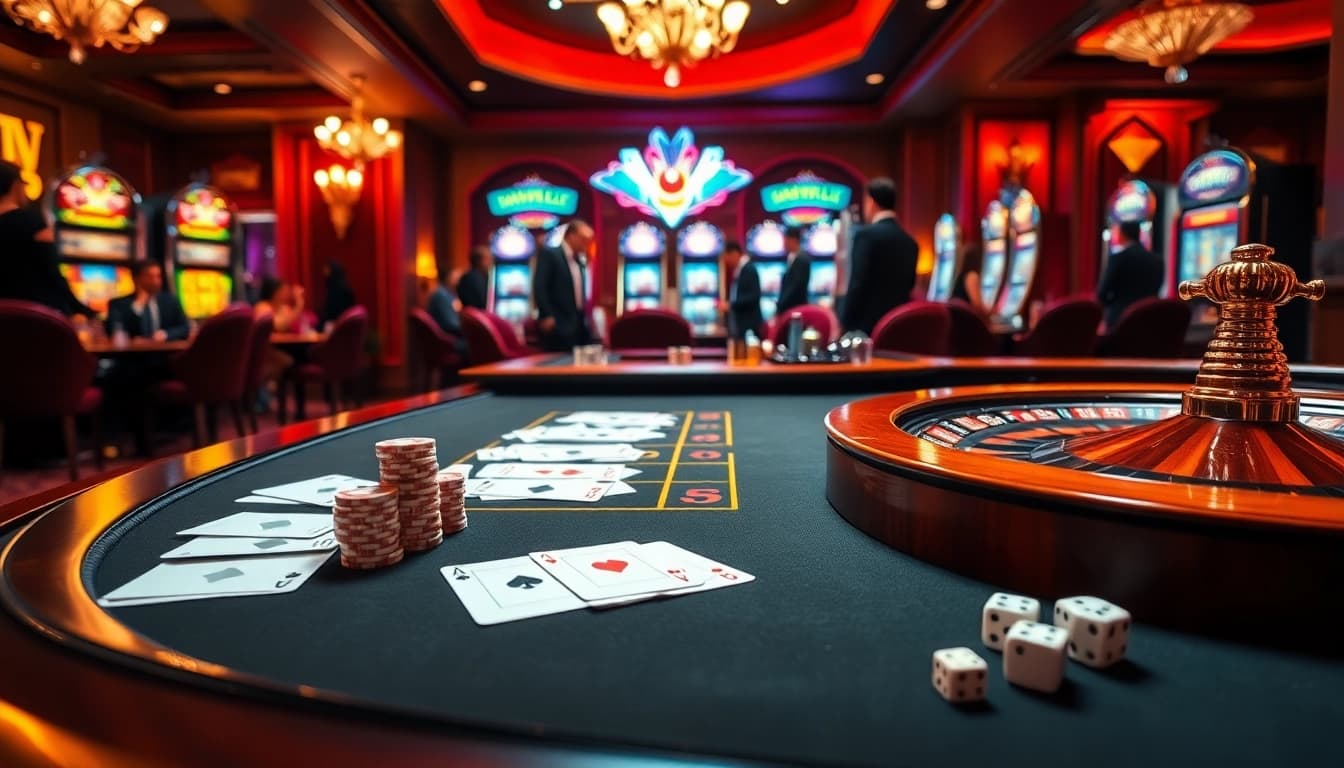 Casino gamblers revel in a luxurious environment featuring poker chips and cards at Newphim.