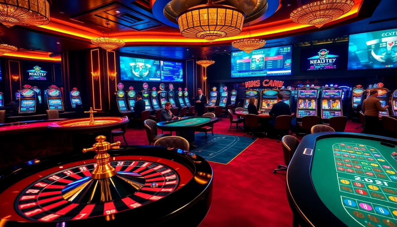 Exciting gaming action at https://69vn15.top/ with colorful slot machines and players at casino tables.