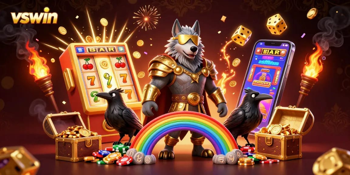 Experience thrilling wins at vswin with Odin and his ravens amidst a vibrant casino environment.