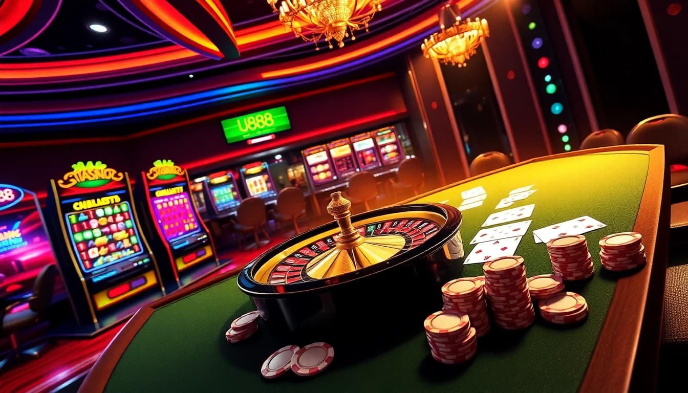 Experience the thrilling excitement of U888 casino with vibrant slot machines and poker tables.