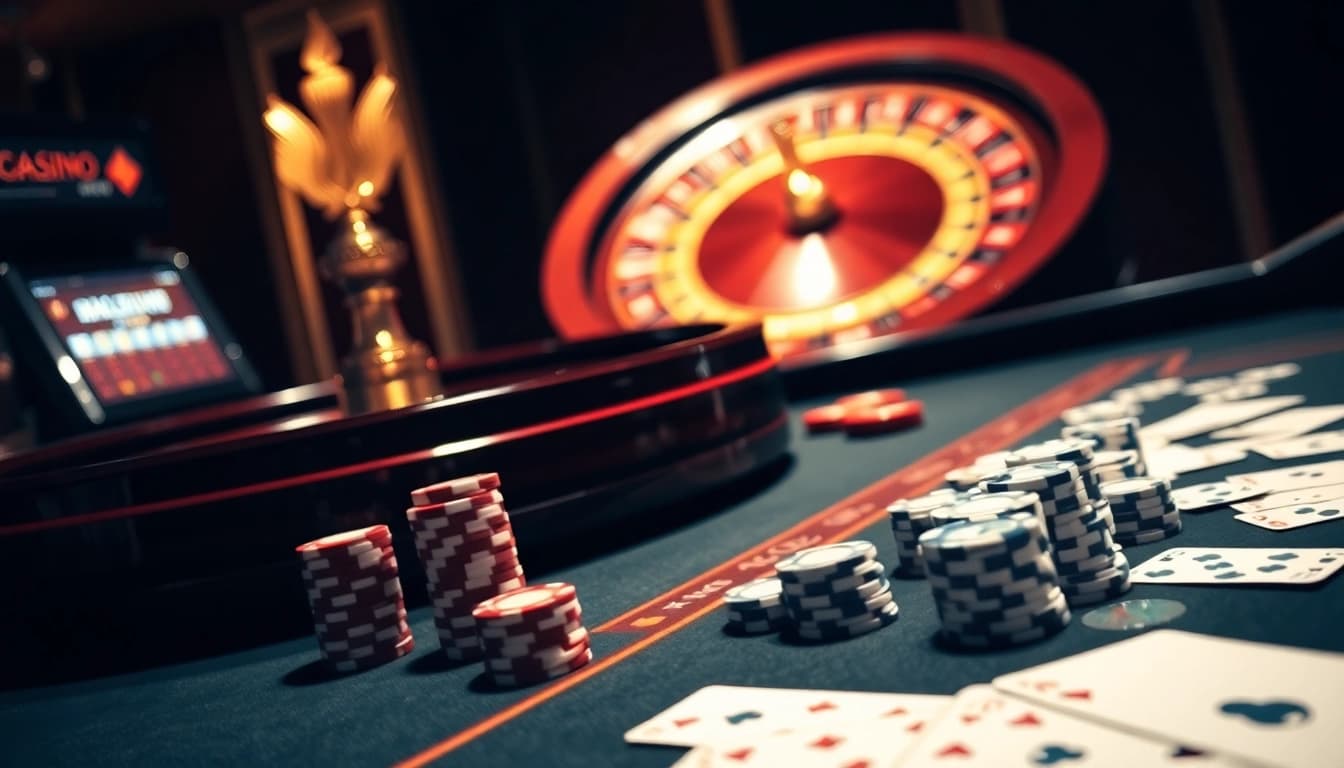 This captivating casino scene at https://kjc.se.net/ showcases an elegant table with poker chips, cards, and a roulette wheel, inviting experienced players to enjoy.