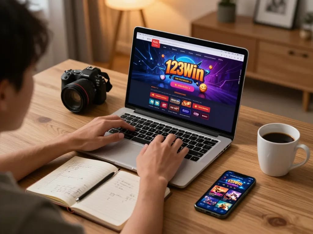 The player enjoys a winning moment on the 123Win online casino interface, highlighting immersive gameplay.