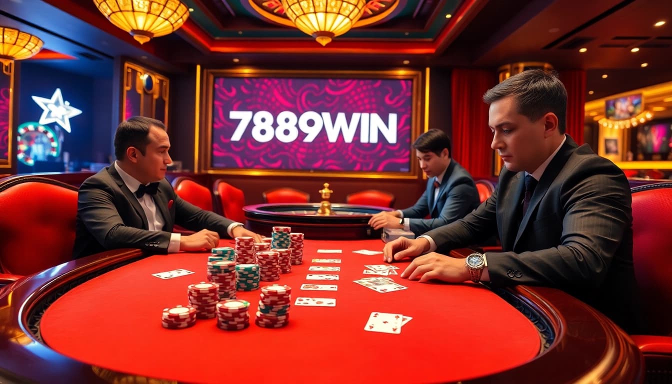 Professional gamblers at a poker table showcasing the excitement of 789WIN with chips and cards.