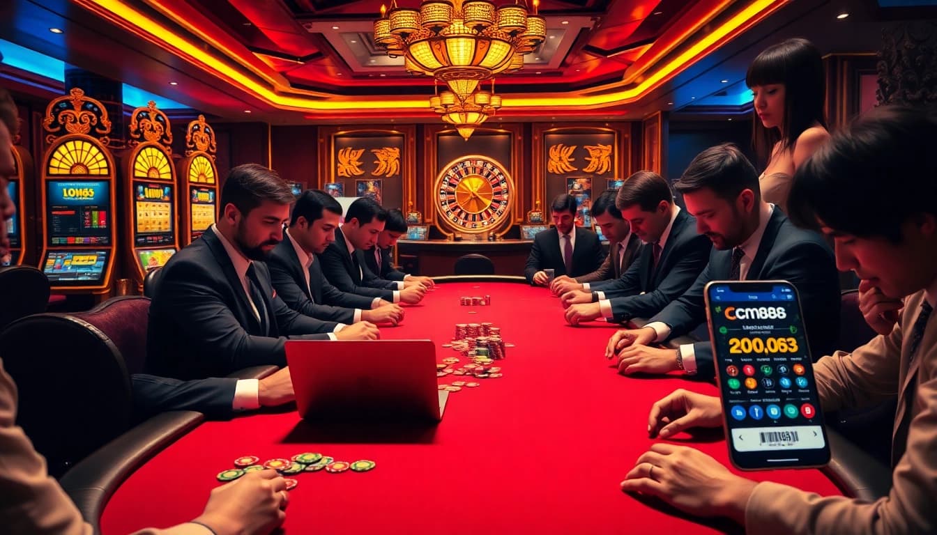 Playing Poker at cm88's Luxurious Casino Table with Colorful Chips and Excitement