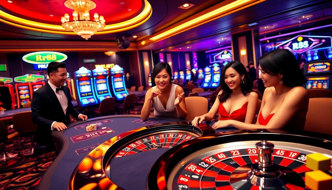 Experience thrilling RR88 đăng nhập with an exciting casino scene featuring vibrant tables and enthusiastic players.