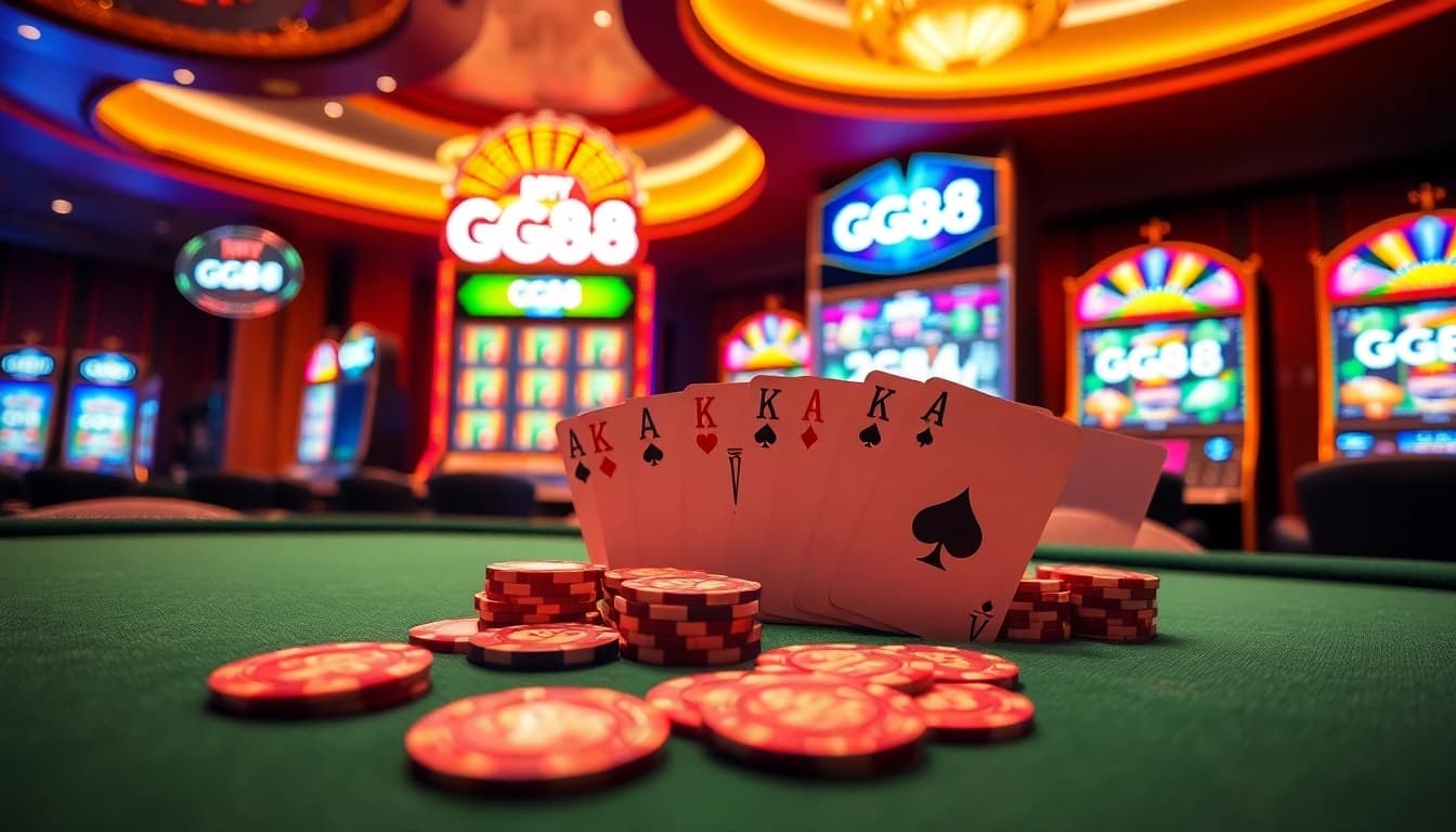 GG88 chips and cards on an elegant poker table, highlighting a vibrant casino scene.