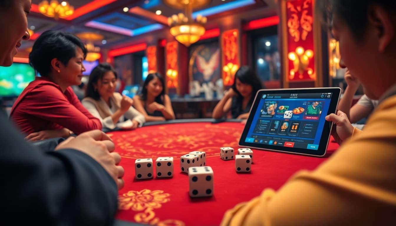 Xóc đĩa online players excitedly engage around a vibrant casino table with dice.