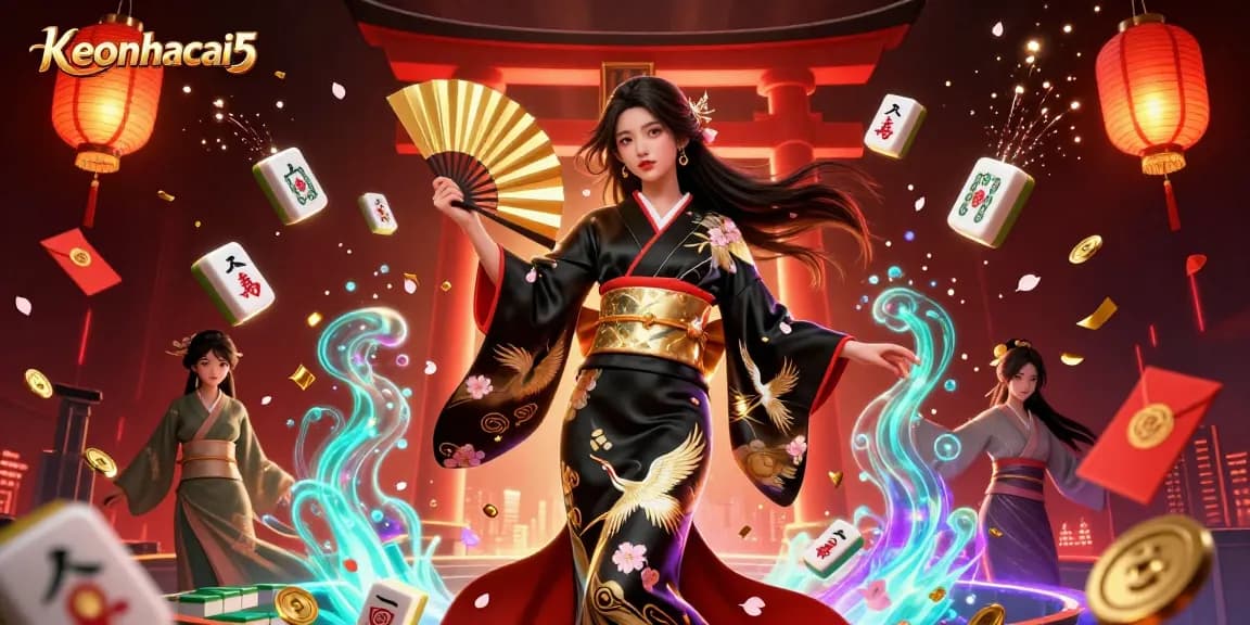 Experience thrilling odds action with keonhacai5 featuring elegant imagery of a kimono-clad woman and dynamic gaming elements.