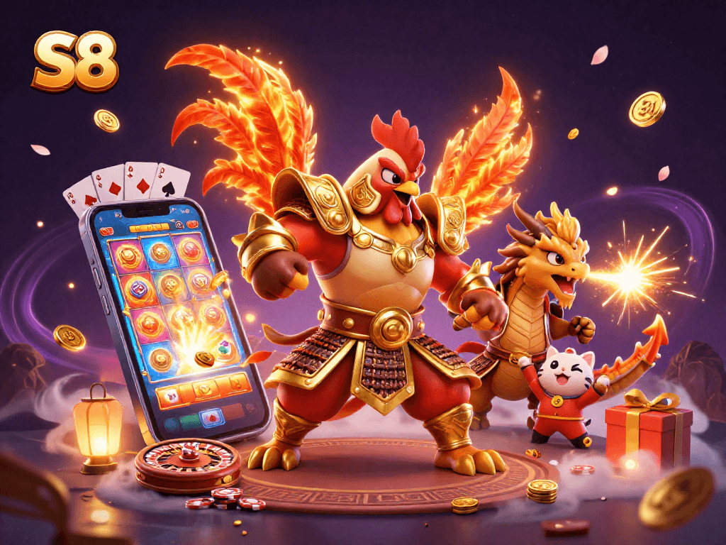 S8's vibrant 3D scene showcases a rooster warrior and dragon hatchling amid casino excitement.