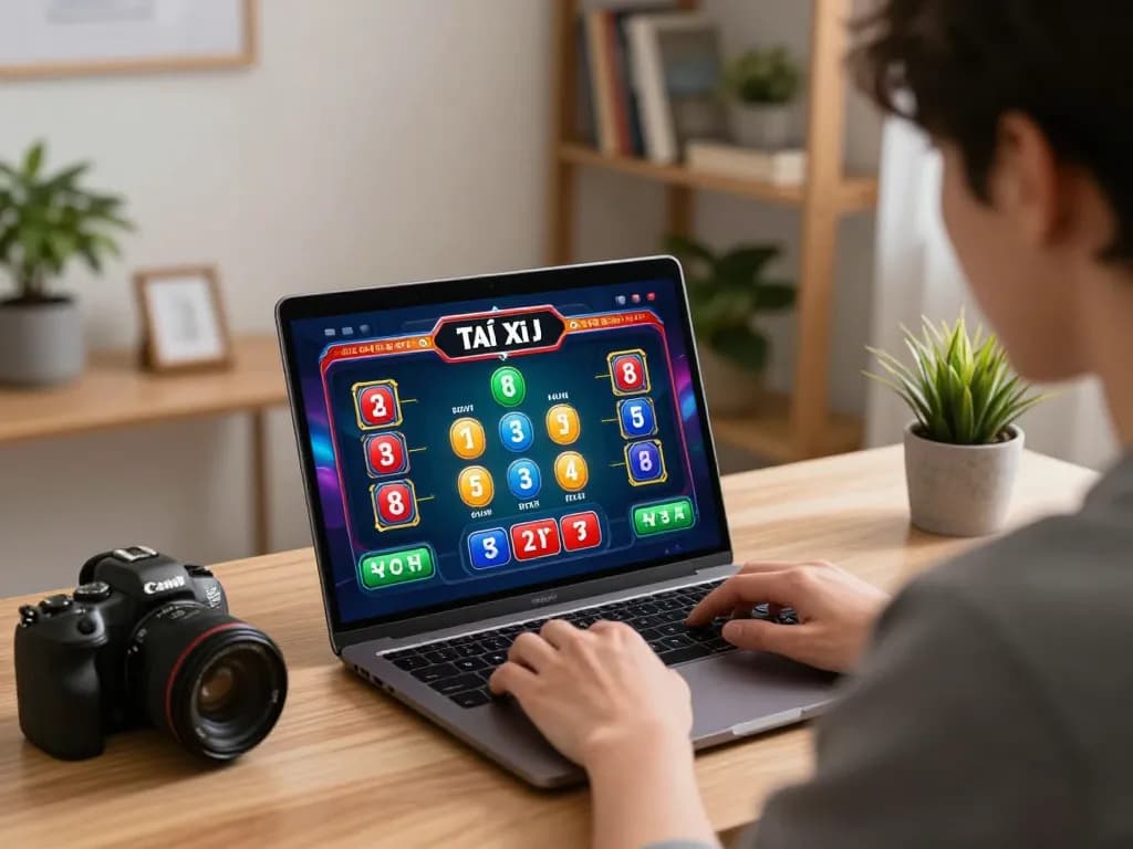 Player engaging in Tài Xỉu online, showcasing betting interface and strategic gameplay in a stylish home setting.