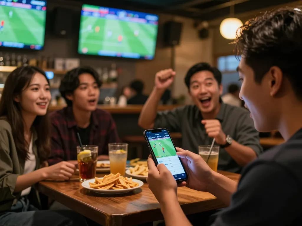 Excited patrons engaging in sports betting using smartphone at bar, highlighting keonhacaihomnay.