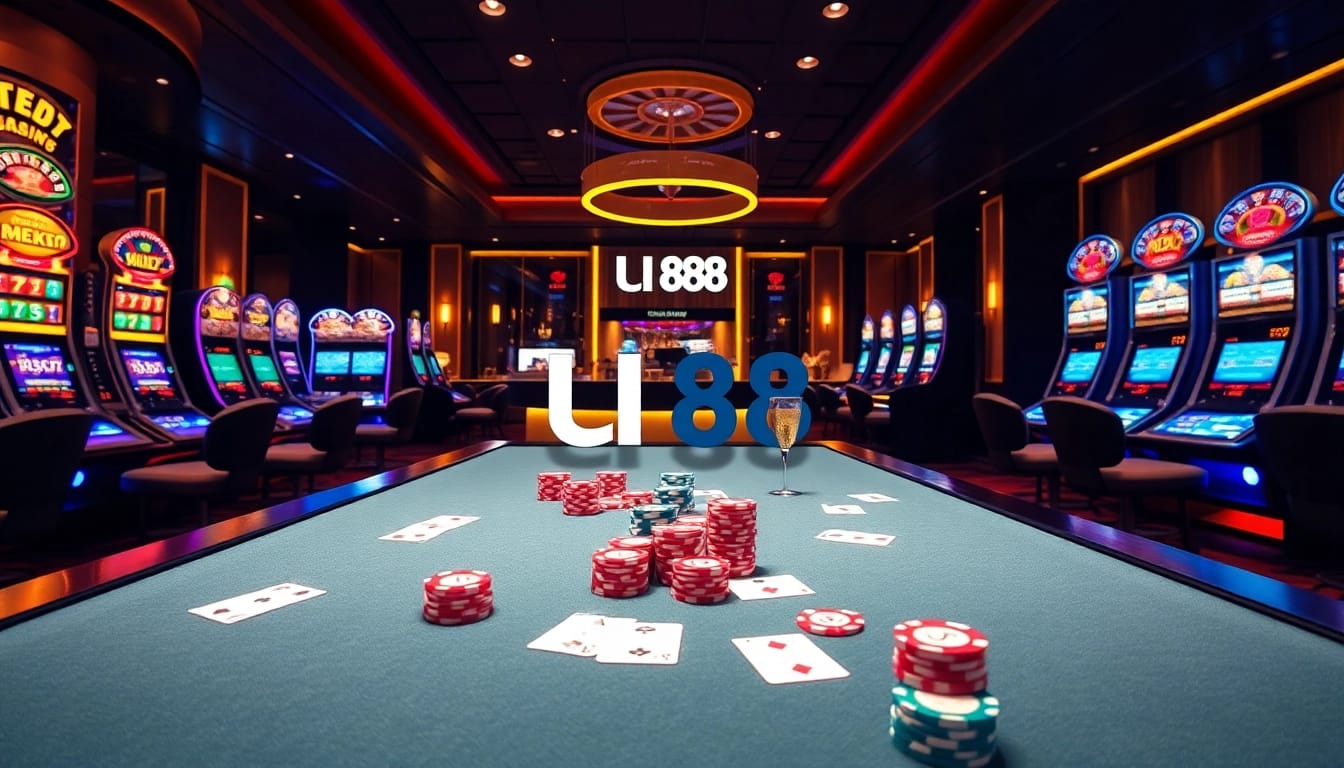 High-stakes gambling scene showcasing UU 88 poker table, chips, and slot machines for an exciting atmosphere.