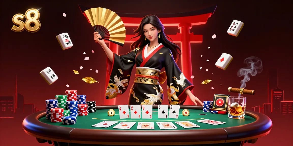 S8 captivating online gambling scene featuring an elegant Asian woman among poker and mahjong elements.
