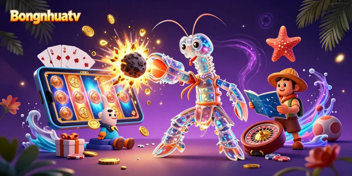 Bongnhuatv showcases a dynamic 3D illustration featuring vivid characters and gambling elements, emphasizing exciting gameplay.