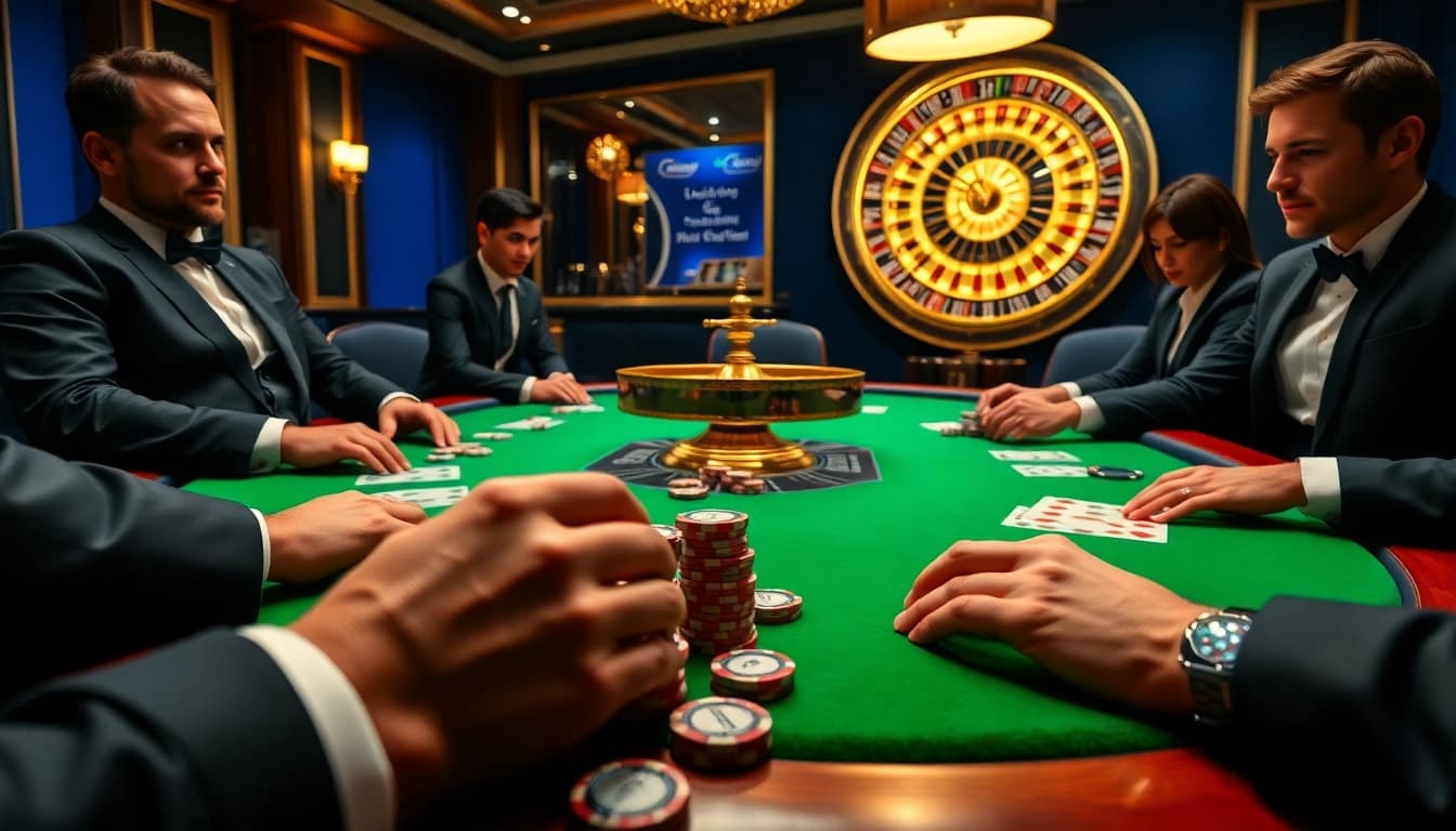 Experience the excitement of Luckywin at a luxurious poker table with players engaging in high stakes action.