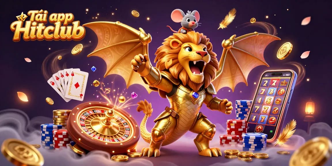 Tải app Hitclub for an exciting casino gaming experience with vibrant 3D illustration of a chimera.
