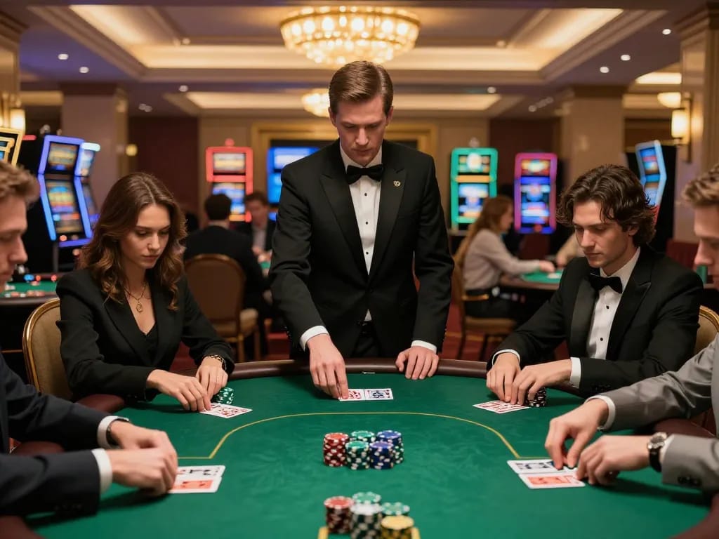 Engaging scene of Game bài đổi thưởng with players at a poker table amid luxurious casino lighting.
