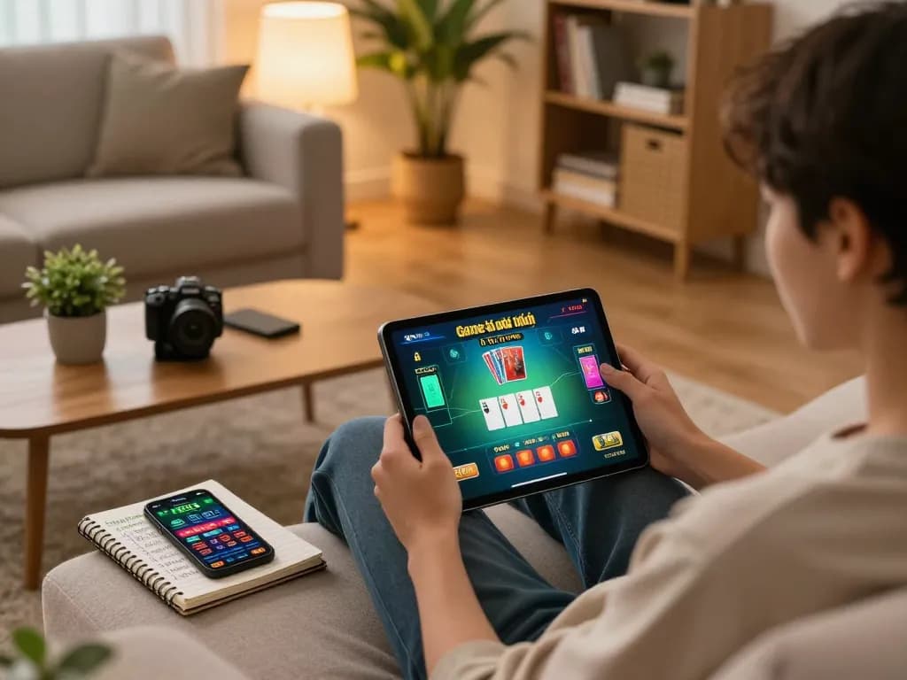 Engaging in Game bài đổi thưởng on a tablet in a cozy living room, highlighting online gambling strategies.