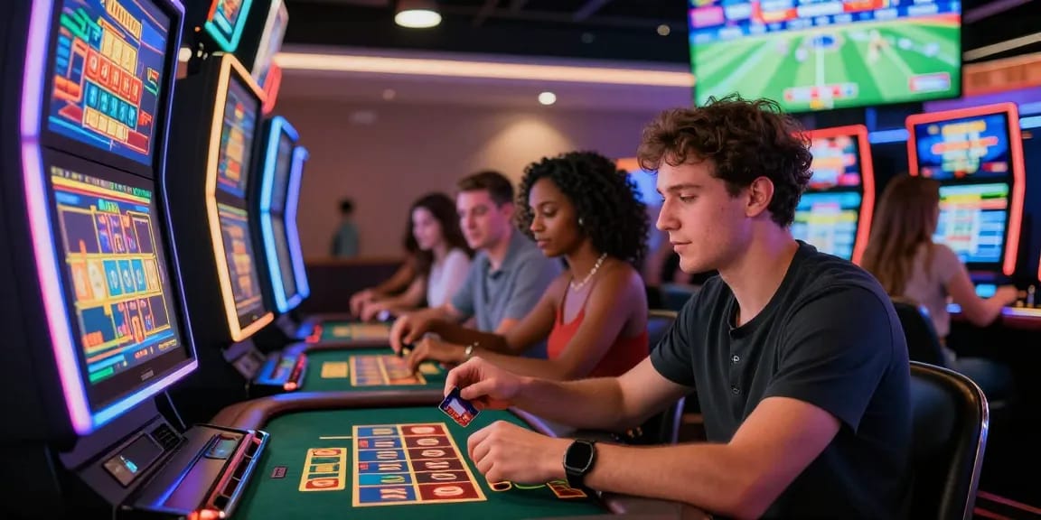A lively scene at a credit card casino showcasing players engaging with gaming machines and sports betting options, highlighting being-there.org.uk.