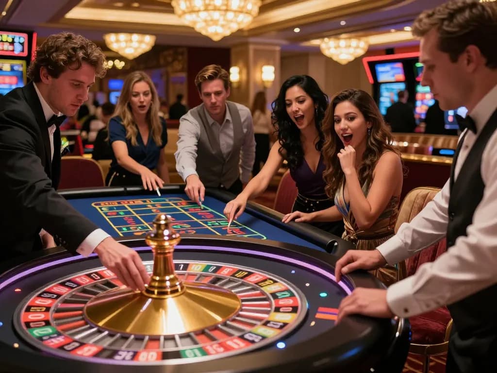 Sao789 players engaging at a roulette table with excitement and vibrant casino atmosphere.