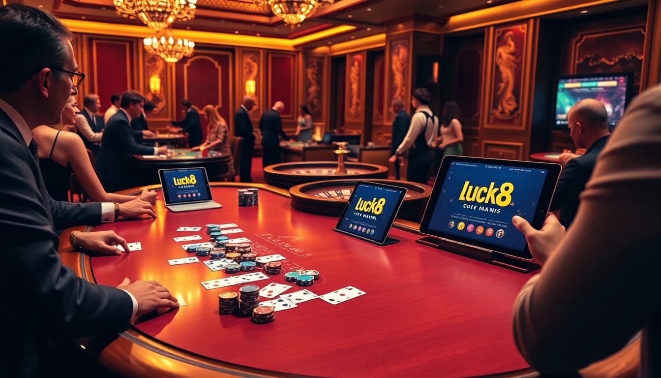 Experience thrilling gambling with Luck8 on a luxurious casino table scene.