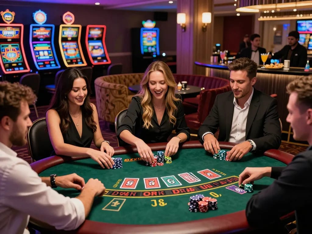 Group celebrating at a blackjack table in a vibrant casino, enjoying rikbet gaming.