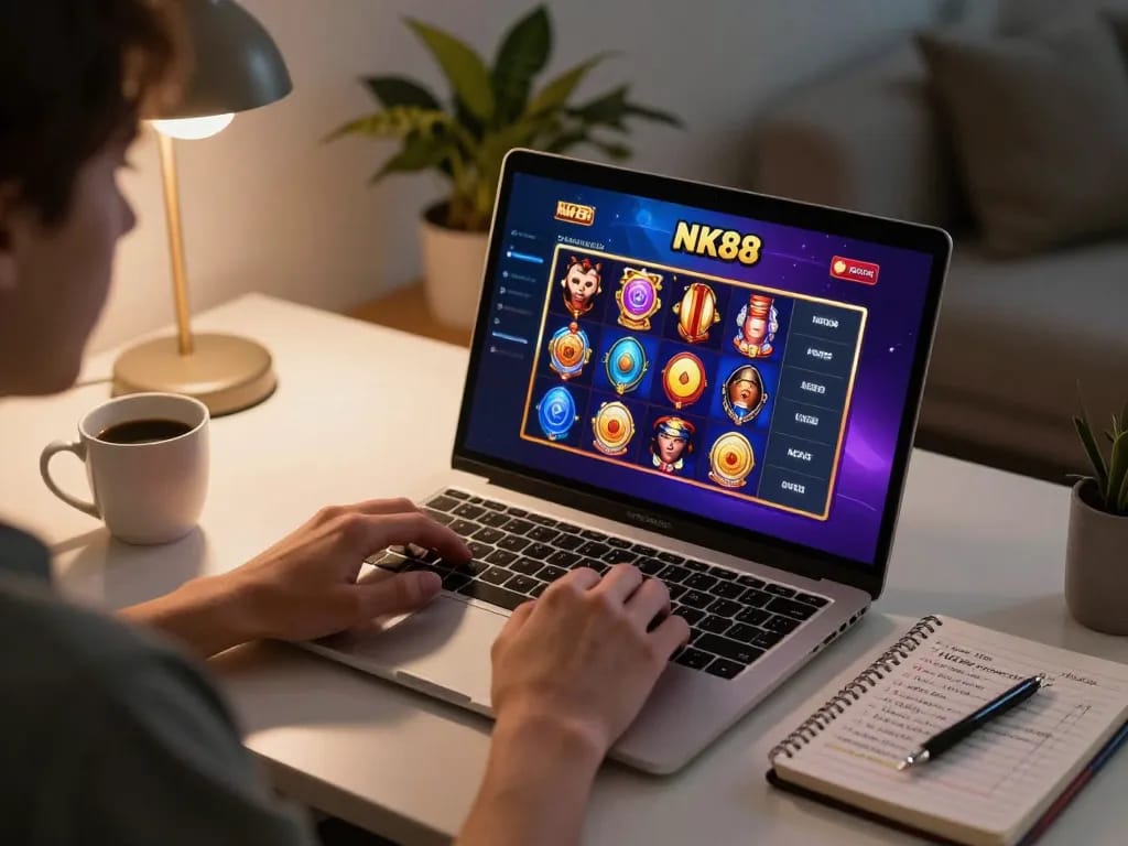 Engaging with NK88 gaming interface on a laptop, cozy setting with coffee and strategy notes.