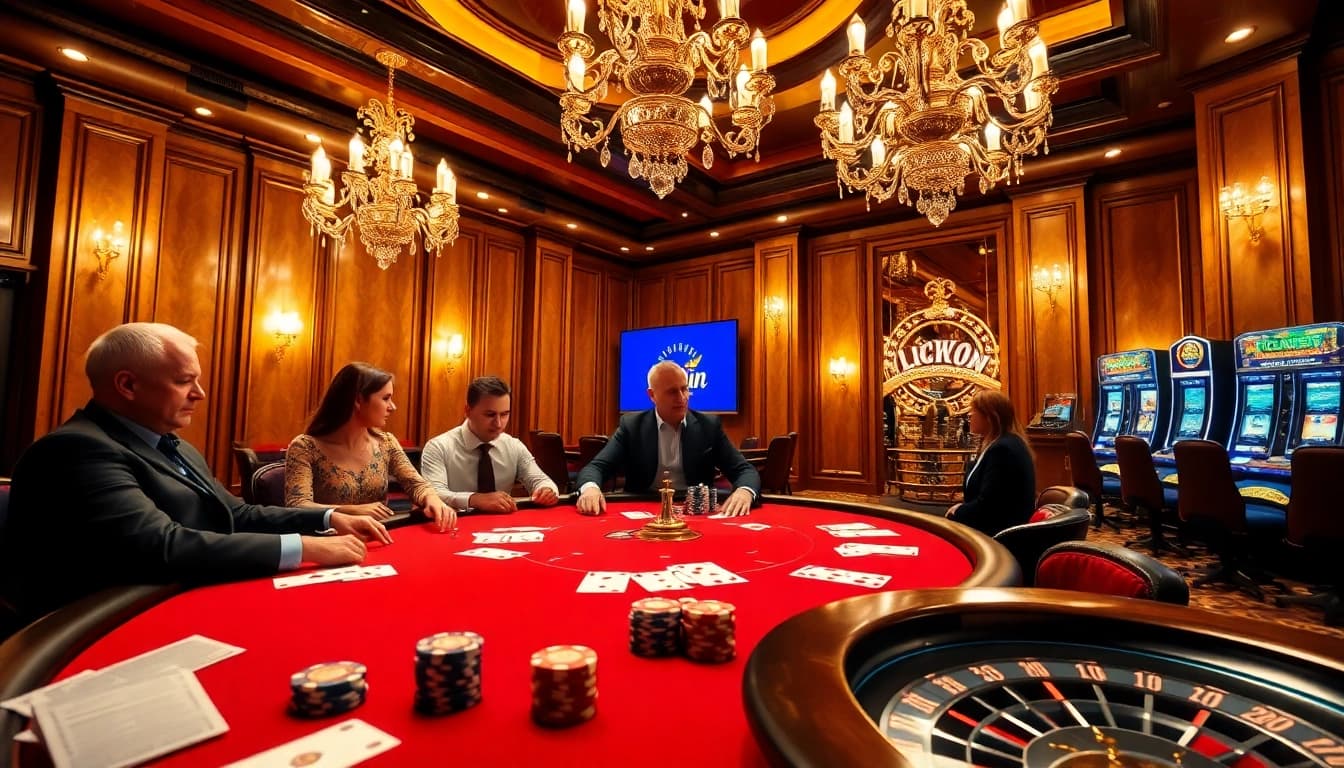 Experience high-stakes gaming action with LuckyWin as players engage at a luxurious casino table.