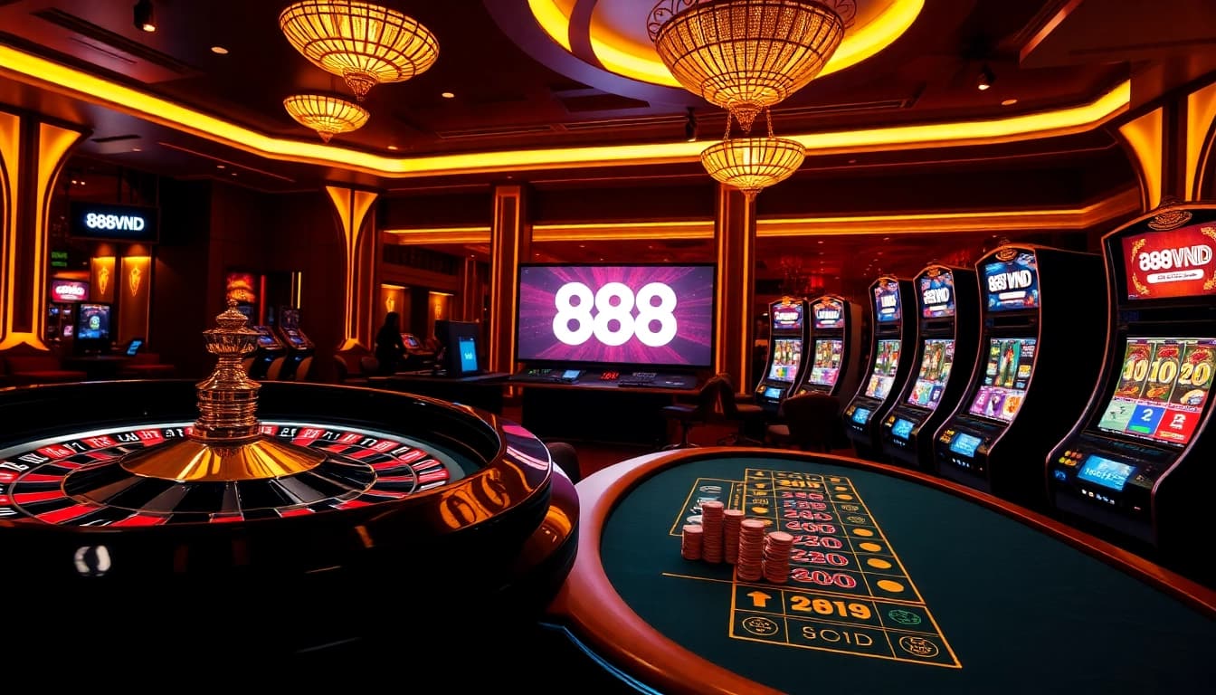 Gambling excitement at 888VND with a roulette wheel, players, and vibrant slot machines.