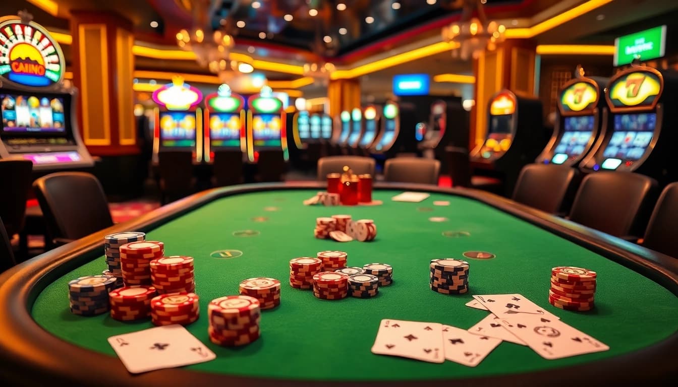Engaging casino scene showcasing Kèo nhà cái 5 with vibrant poker chips and illuminated slot machines.