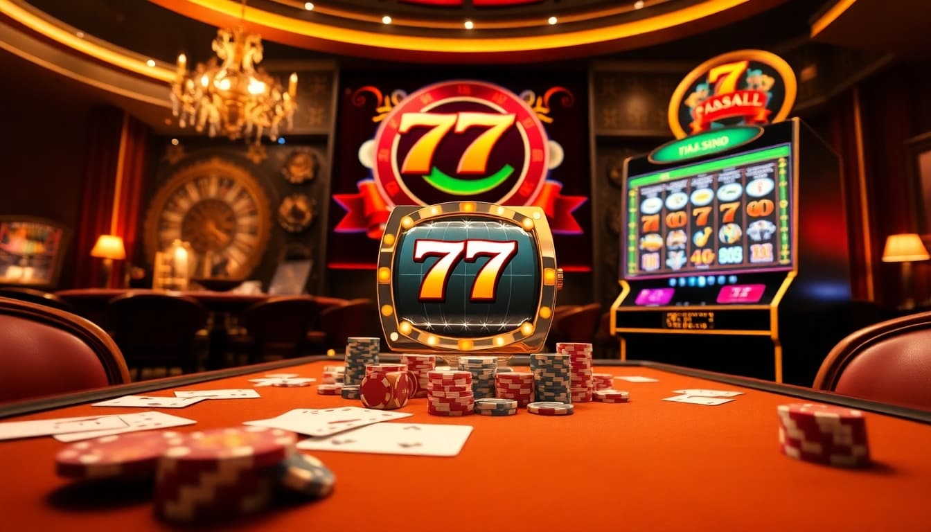 Experience the thrill of the 77ball game at a luxurious casino with cards and chips.