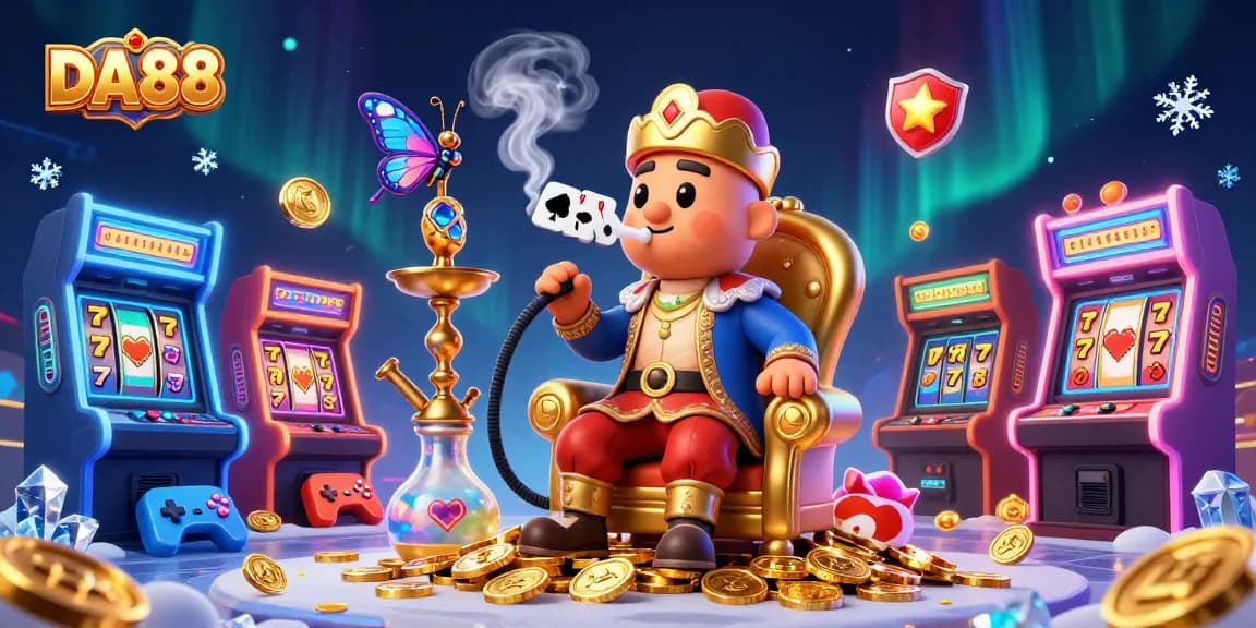Engage with DA88's vibrant slots experience featuring a playful caterpillar and game machines.