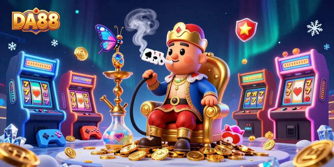 Engage with DA88's vibrant slots experience featuring a playful caterpillar and game machines.