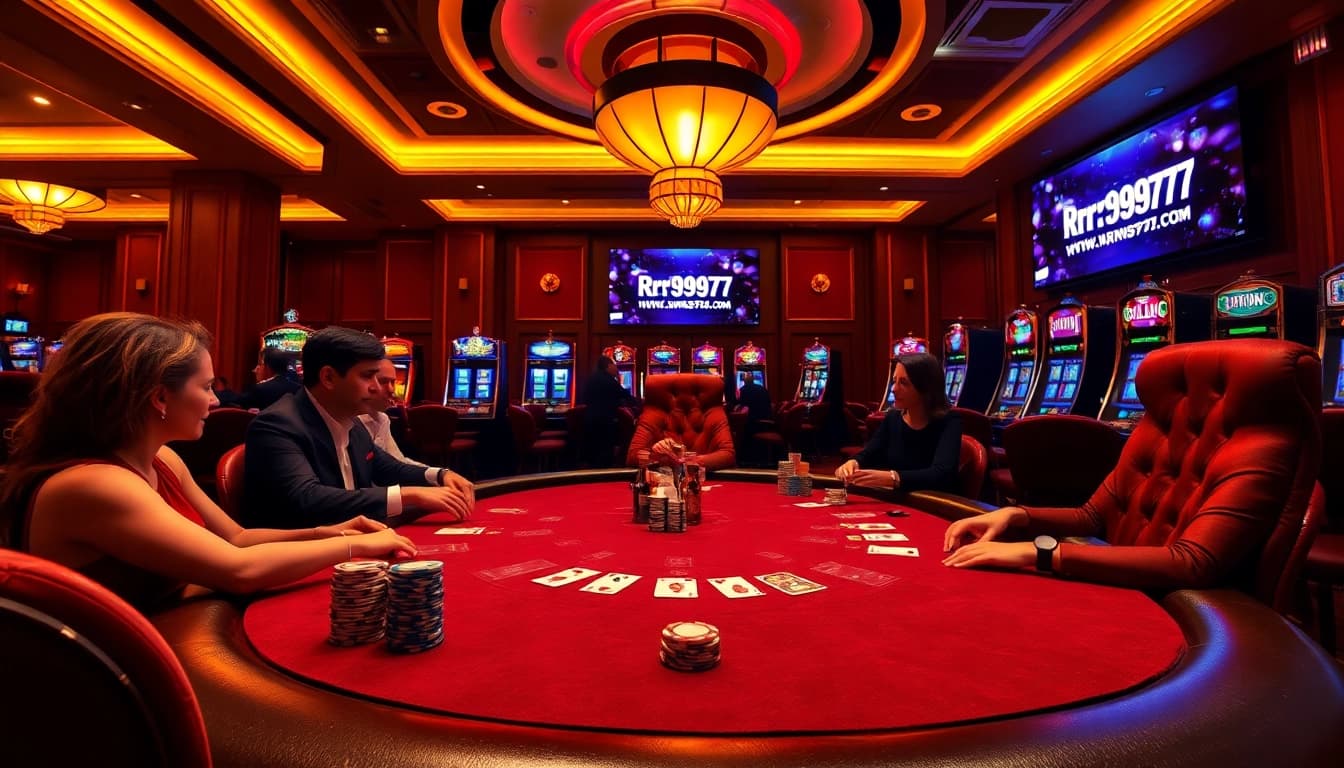 A vibrant casino scene at https://rr9977.com/ featuring a high-stakes poker table with players, chips, and cards.