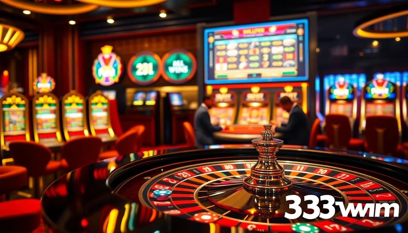 33win players engaging at a luxurious casino table, surrounded by vibrant slot machines and poker chips.