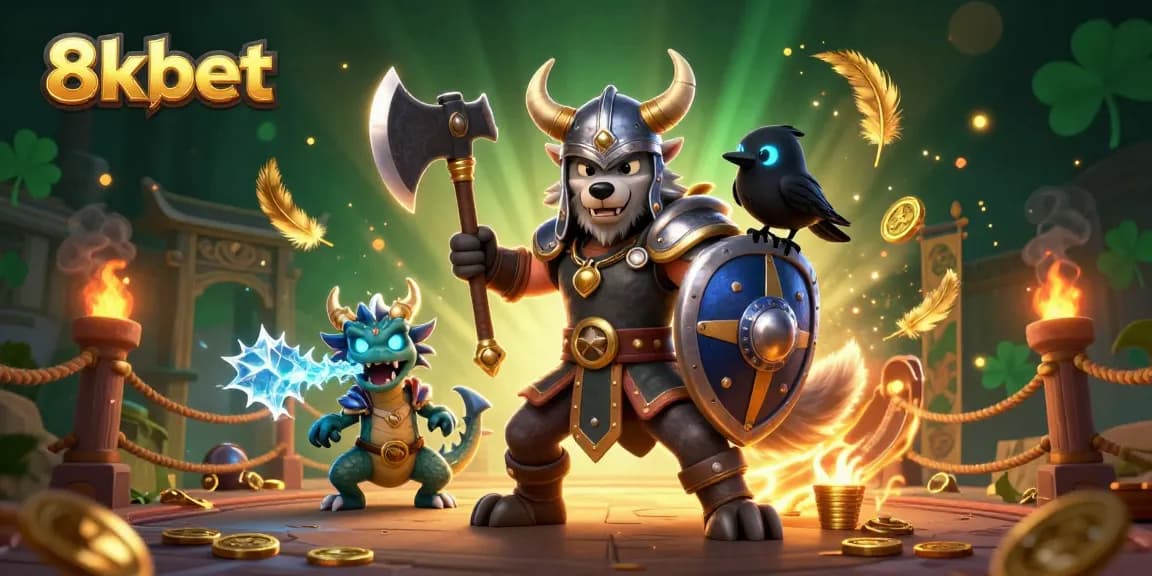 Engage with 8xbet's thrilling slots and jackpots in this dynamic 3D illustration featuring a Viking wolf warrior.
