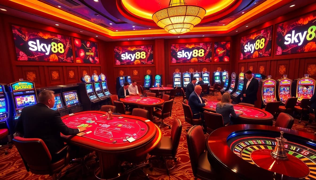 Sky88 casino scene featuring lively players engaged at tables, enhancing excitement and strategy.